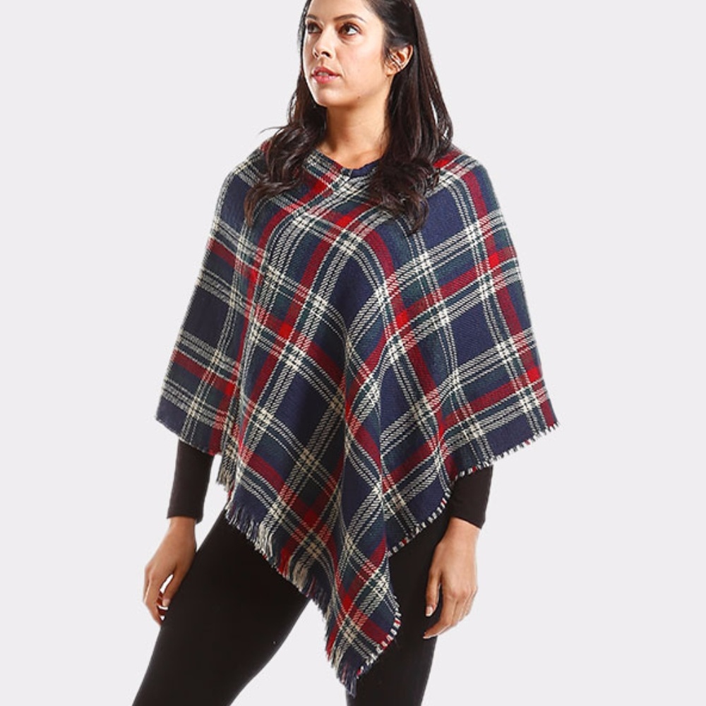 Navy Plaid V-Neck Poncho Cape